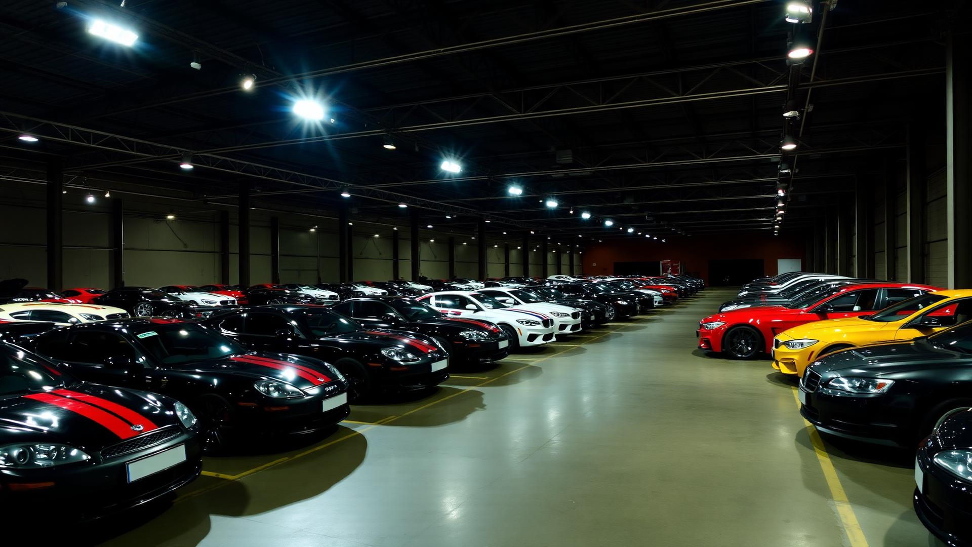 Performance vehicles lined up at auction