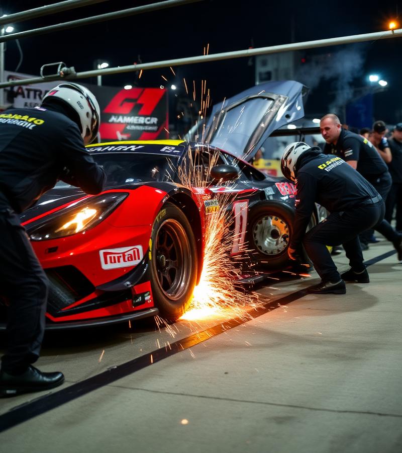 Pit crew performing tire change with sparks