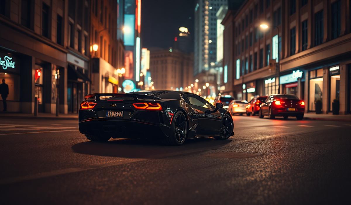Supercar on city street at night
