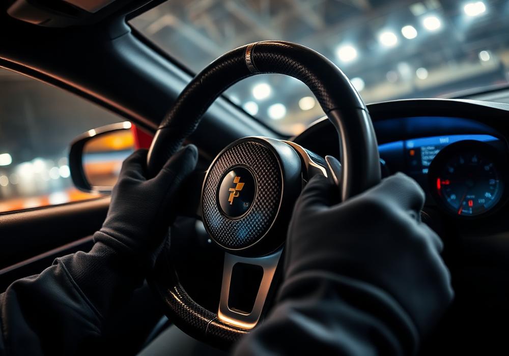 Driver gripping steering wheel in cockpit