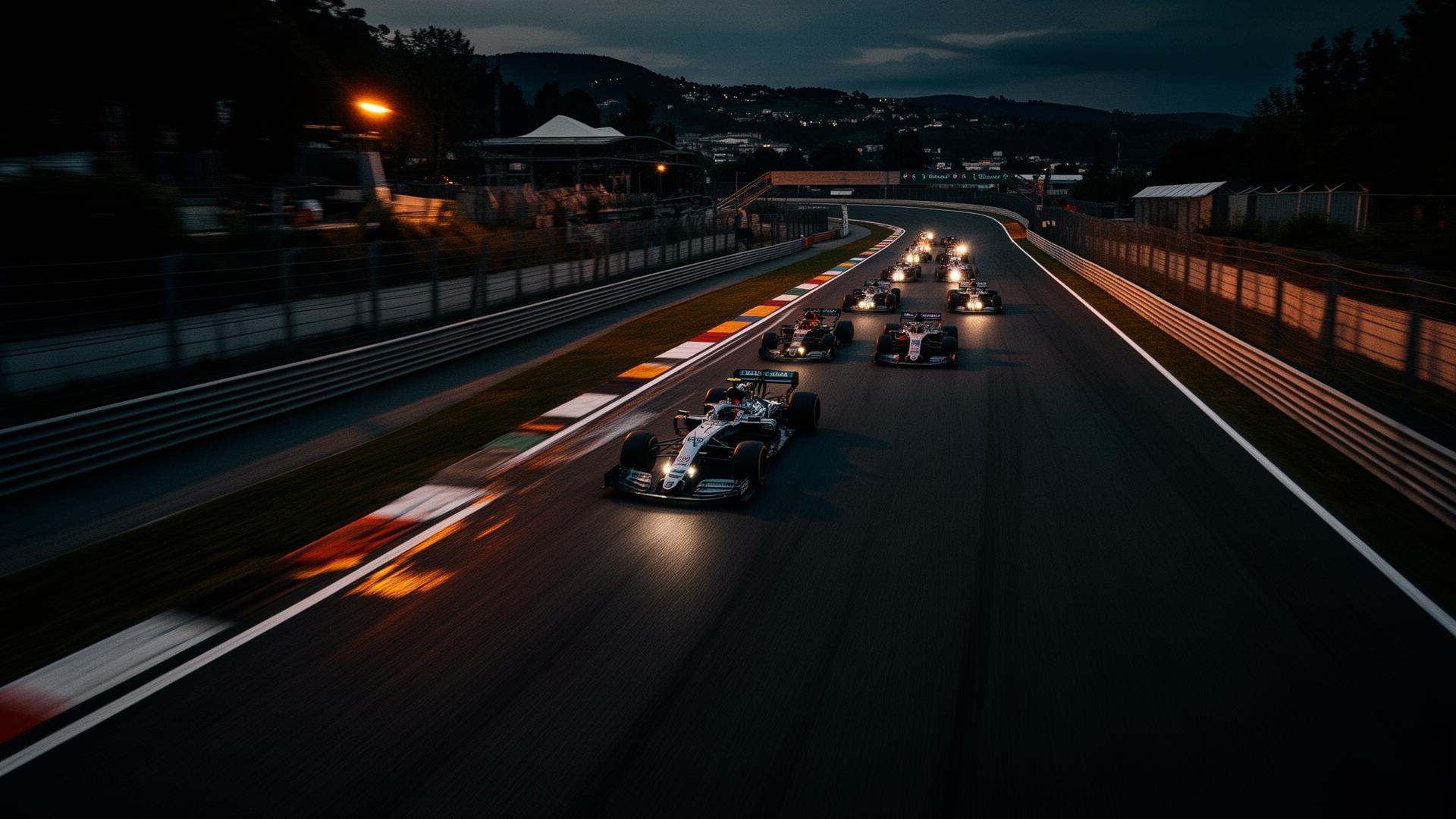 Formula 1 cars racing on track at dusk
